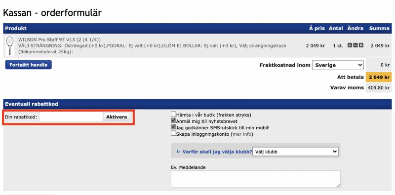 Hur du använder en rabattkod hos TennisShopen